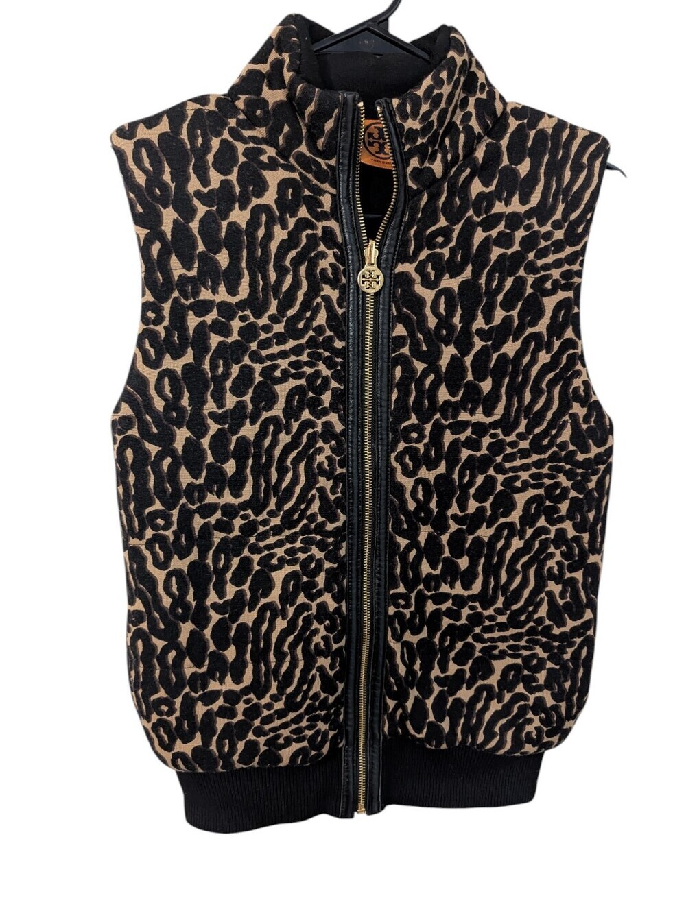 Tory Burch, Merino Wool Leopard-Print Zip Gilet in Black & Tan with Leather Trim
